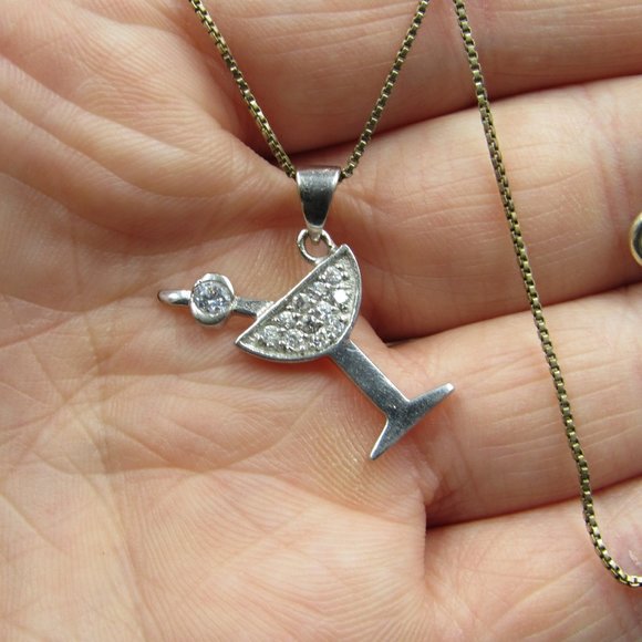 18" Sterling Rustic CZ Cocktail Glass Neckace - Picture 2 of 4